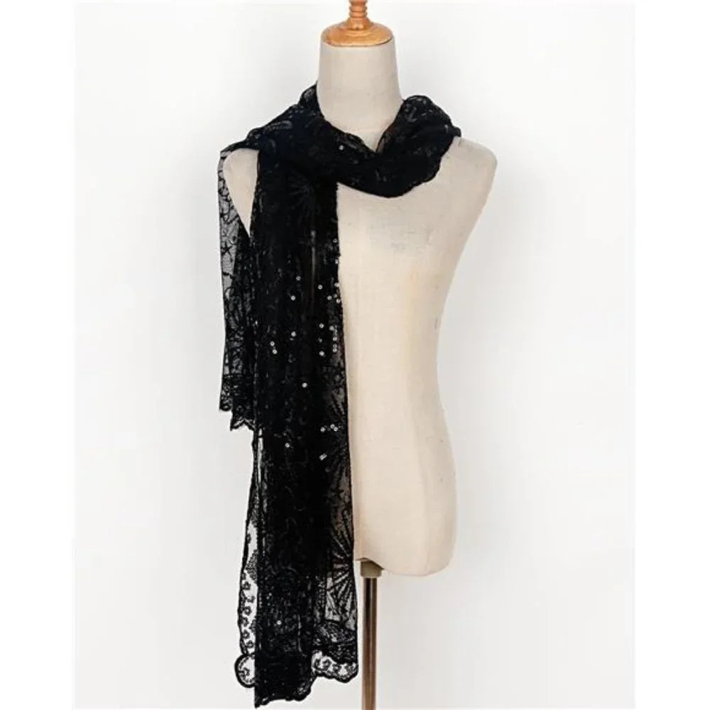 Boho Black Moon & Star‎ Sheer Mesh Sequin Embellished Shawl Wrap Scarf Formal